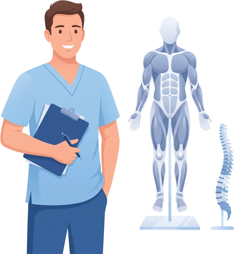 Studente di fisioterapia che studia l’anatomia dei muscoli del corpo